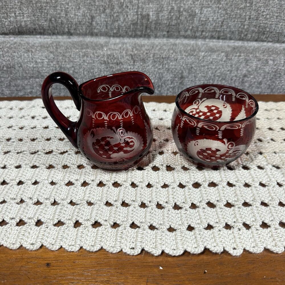 Antique Vtg Egermann Bohemian Red to Clear Glass Creamer Sugar Set Coffee Tea